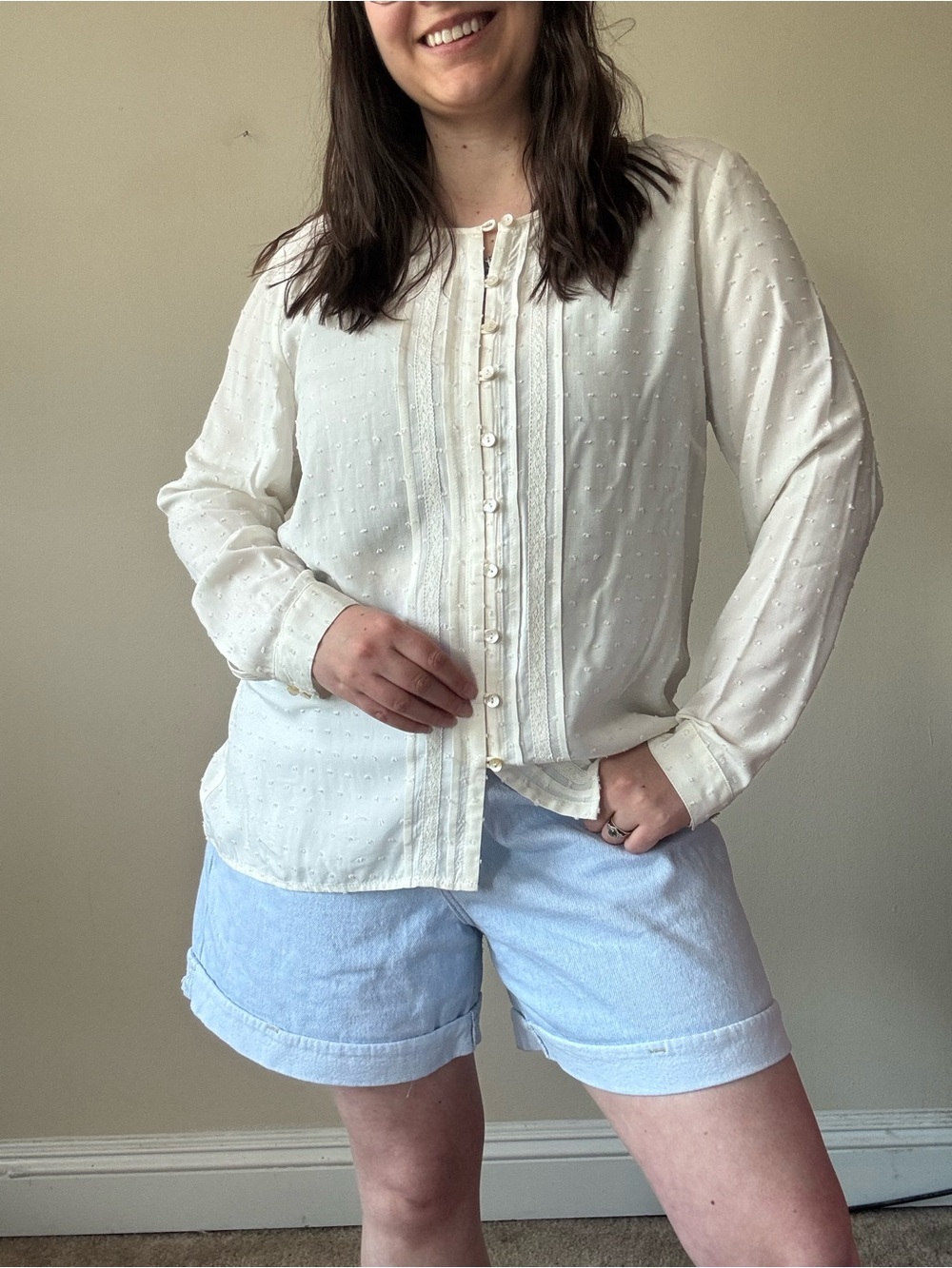 J. Jill Cream Swiss Dot Button-Front Blouse